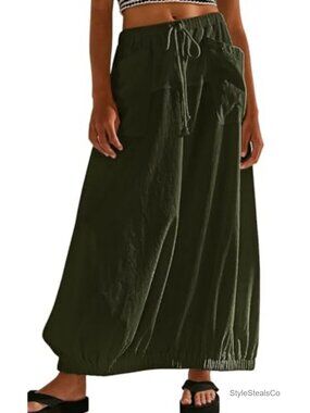 Baggy Parachute Cargo Maxi Long Skirt Cotton Utility Y2K